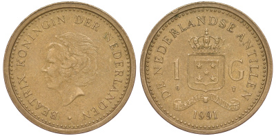 Нидерландские Антилы 1 гульден 1991 Беатрикс (1980-2013) KM 37 позолоченная сталь 25-2022