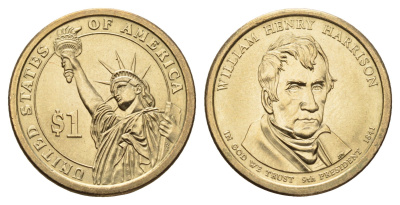 США 1 доллар 2009 Президент США - Уильям Генри Гаррисон (1841) KM 450 медь с марганцево-латунным покрытием UNC 106-1255