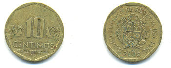 ПЕРУ 10 СЕНТИМО 2009 LIMA KM 305.4 латунь 176-411