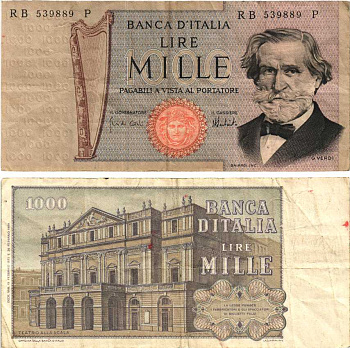 Италия 1000 лир 1973 Джузеппе Верди, Милан Ла Скала Pick 101с бумага 8592-48-3-1