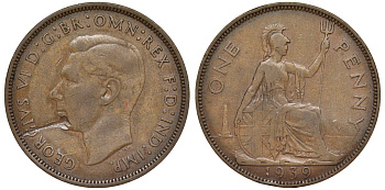 Великобритания 1 пенни 1939 Георг VI (1936-1952) KM 845, Spink 4114 бронза 4123-942