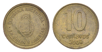 Аргентина 10 сентаво 2006 KM 107a сталь плакированная латунью 4664-569