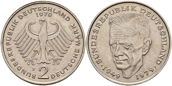ФРГ 2 марки 1979 F, Курт Шумахер, 30 лет Федеративной Республике (1949-1979) KM 149, J. 424 медно-никель 4157-336