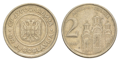 Югославия 2 динара 2002 KM 181 медь цинк никель 4647-1269