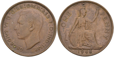 Великобритания 1 пенни 1948 Георг VI (1936-1952) KM 845, Spink 4114 бронза 4117-843