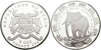 Бенин 6000 франков 1993 серия сохраним наш мир, слоны Бенина KM 11 серебро PROOF 00-00