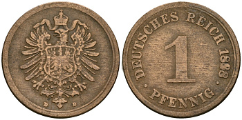 Германия 1 пфенниг 1888 D, Вильгельм I (1871-1888) KM 1, J. 1 медь 4387-213