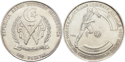 Западная Сахара 500 песет 1991 чемпионат мира по футболу 1994 года в США KM 55 серебро UNC 04-318-12