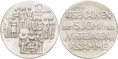 Финляндия 10 марок 1977 K-H, 60 лет независимости (1917-1977) KM 55 серебро UNC 1515-1441