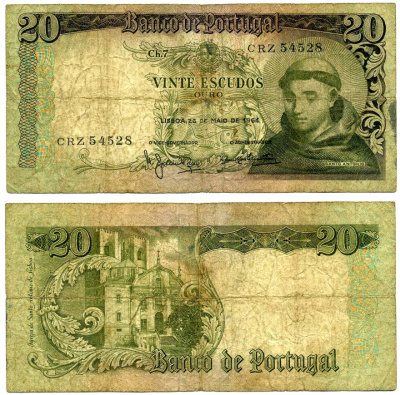 Португалия 20 эскудо 1964 Антоний Падуанский Pick 167 b бумага 7203-14-2