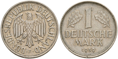 ФРГ 1 марка 1959 F KM 110, J. 385 медно-никель 4159-1041