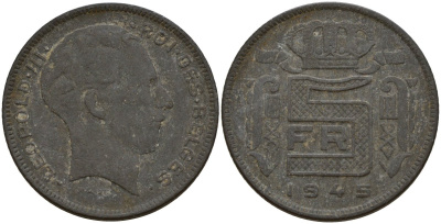 Бельгия 5 франков 1946 DES BELGES, Леопольд III (1934-1947) KM 130 цинк 4161-954