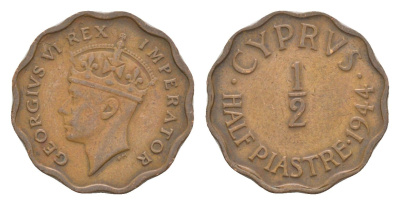 Кипр 1/2 пиастра 1944 Георг VI (1936-1952) KM 22a бронза 4649-1132