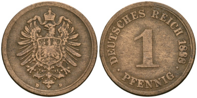 Германия 1 пфенниг 1888 D, Вильгельм I (1871-1888) KM 1, J. 1 медь 4387-213