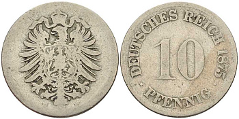 ГЕРМАНИЯ 10 ПФЕННИГОВ 1875 E, СТАРОГЕРБОВКА KM 4, J. 4 медно-никель 4401-254