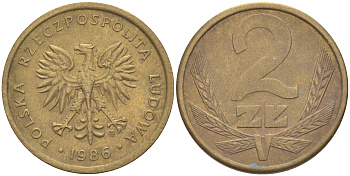 ПОЛЬША 2 ЗЛОТЫХ 1986 MW KM 80.2 латунь 187-953