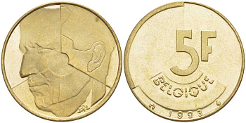 БЕЛЬГИЯ 5 ФРАНКОВ 1993 BELGIQUE, БОДУЭН I (1951-1993) KM 163 латунь или алюминиевая бронза 4364-4417