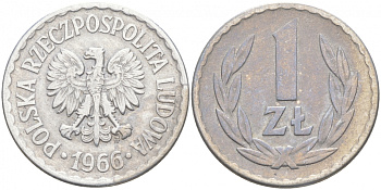 ПОЛЬША 1 ЗЛОТЫЙ 1966 MW KM 49.1 алюминий 68-416