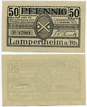 ЛАМПЕРТХАЙМ-НА-РЕЙНЕ, ГЕРМАНИЯ 50 ПФЕННИГОВ 1920 1 НОЯБРЯ 1920, НОТГЕЛЬД, ЗЕМЛЯ ГЕССЕН, ВОДЯНОЙ ЗНАК VERSCHLUNGENE KREISE Grabowski L7.4 бумага UNC (ПРЕСС) 8613-36-1-2