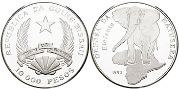 Гвинея-Бисау 10000 песо 1993 серия защита окружающей среды, слон KM 31 серебро PROOF 1095-8-54