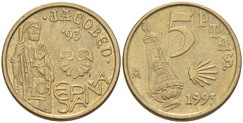 ИСПАНИЯ 5 ПЕСЕТ 1993 СВЯТОЙ ЯКОБ(JACOBEO) , ХУАН КАРЛОС I ( 1975-) KM 9 19 никель латунь 4181-1117