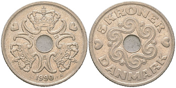 Дания 5 крон 1990 LG;JP;A, Маргрете II (1972-2024) KM 869.1 медно-никель 4364-3531