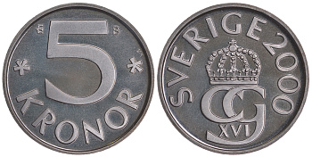 Швеция 5 крон 2000 B, Карл XVI Густав (1973- ) KM 853a медно-никель PROOFLIKE 59-231