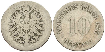 ГЕРМАНИЯ 10 ПФЕННИГОВ 1875 E, СТАРОГЕРБОВКА KM 4, J. 4 медно-никель 4401-254