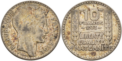 Франция 10 франков 1933 Пьер Тюрен KM 878, Le Franc 360.6 серебро 4126-1156