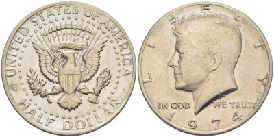США 1/2 доллара (50 центов) 1974 Джон Кеннеди KM 202b медь плакированная медно-никелем 38-515