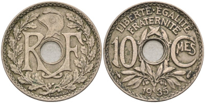 Франция 10 сантимов 1935 тип LINDAUER KM 866а, Le Franc 128.22 медно-никель 4575-335