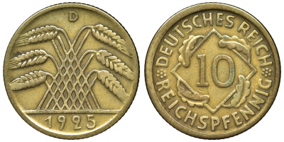 Германия 10 рейхспфеннигов 1925 D KM 40, J. 317 алюминиевая бронза 4121-916