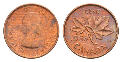 Канада 1 цент 1958 Елизавета II (1952-2022), кленовый лист KM 49 бронза 4639-314