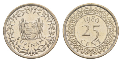 Суринам 25 центов 1989 KM 14a медно-никель UNC 4613-334