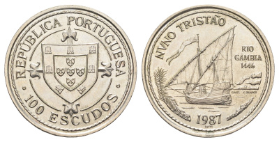 Португалия 100 эскудо 1987 Золотой век открытий - Нуну Триштан KM 640 медно-никель 4542-742