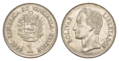 Венесуэла 1 боливар 1990 Симон Боливар, толстый шрифт Y 52a.2 сталь плакированная никелем 4591-921