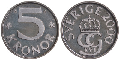 Швеция 5 крон 2000 B, Карл XVI Густав (1973- ) KM 853a медно-никель PROOFLIKE 59-231