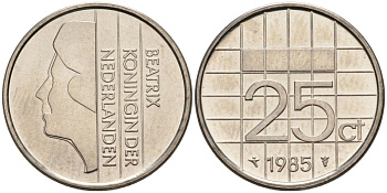 Нидерланды 25 центов 1985 Беатрикс (1980-2013) KM 204 никель UNC 4588-862