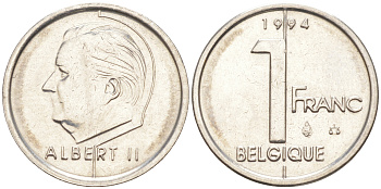 БЕЛЬГИЯ 1 ФРАНК 1994 BELGIQUE, АЛЬБЕРТ II (1993-) KM 187 железо плакированное никелем 187-935