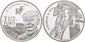Франция 1 1/2 евро 2003 Пьер де Кубертен, Олимпийские игры 2004 года в Афинах, бег KM 1361 серебро PROOF 01-146-15