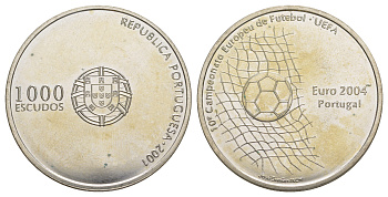 Португалия 1000 эскудо 2001 Чемпионат Европы по футболу 2004, Португалия KM 734 серебро BU 1088-2-23
