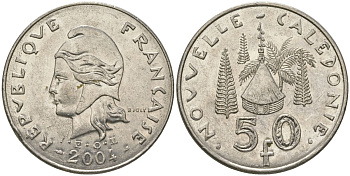 Французская Новая Каледония 50 франков 2004 хижина среди сосен и пальм, (IEOM) KM 13, Schoen 15, Lec 121 никель 111-845