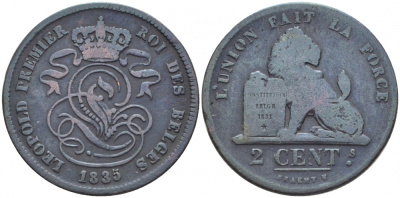 БЕЛЬГИЯ 2 САНТИМА 1835 BELGES KM 4.2 медь 4448-543