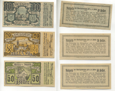 Австрия набор из 3 банкнот 1920 16 апреля 1920- 31 декабря 1920, нотгельд, 10, 20, 50 геллеров, ZELL am der UBBS   бумага  aUNC  7555-8-1-1
