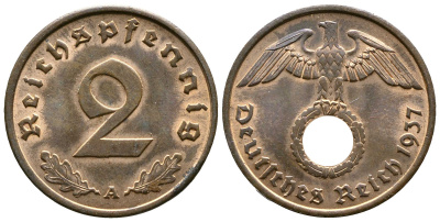 Германия 2 рейхспфеннига 1937 A KM 90, J. 362 бронза 176-537