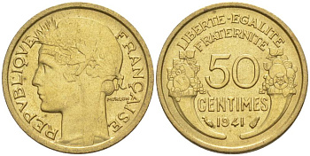 ФРАНЦИЯ 50 САНТИМОВ 1941 ТИП MORLON KM 894.1, LE FRANC 192.18 алюминиевая бронза 44-426