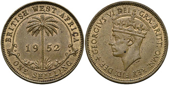Британская Западная Африка 1 шиллинг 1952 KN, Георг VI (1937-1952), пальма KM 28 олово латунь 27-1042