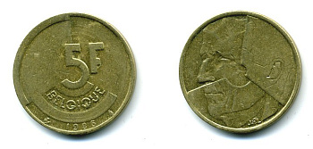 БЕЛЬГИЯ 5 ФРАНКОВ 1986 BELGIQUE KM 163 латунь или алюминевая бронза 25-1544