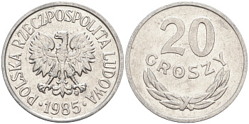 ПОЛЬША 20 ГРОШЕЙ 1985 MW KM А47 алюминий UNC 106-456