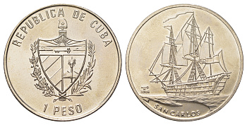 Куба 1 песо 2008 парусник Сан-Карлос KM 902 медно-никель UNC 00-00